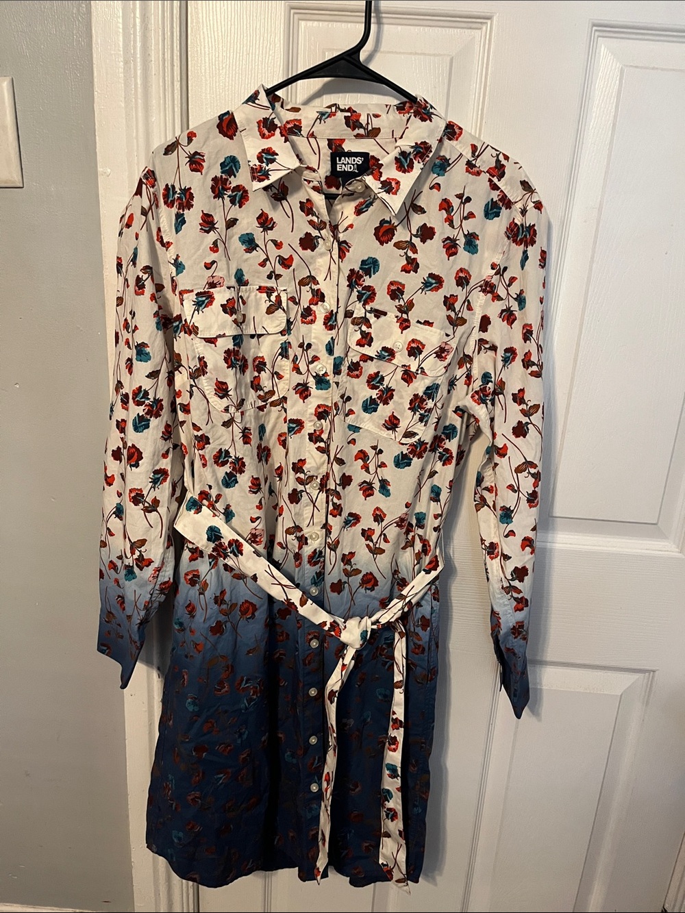 Lands' End Floral Ombre Shirt Dress in White, Red and Teal